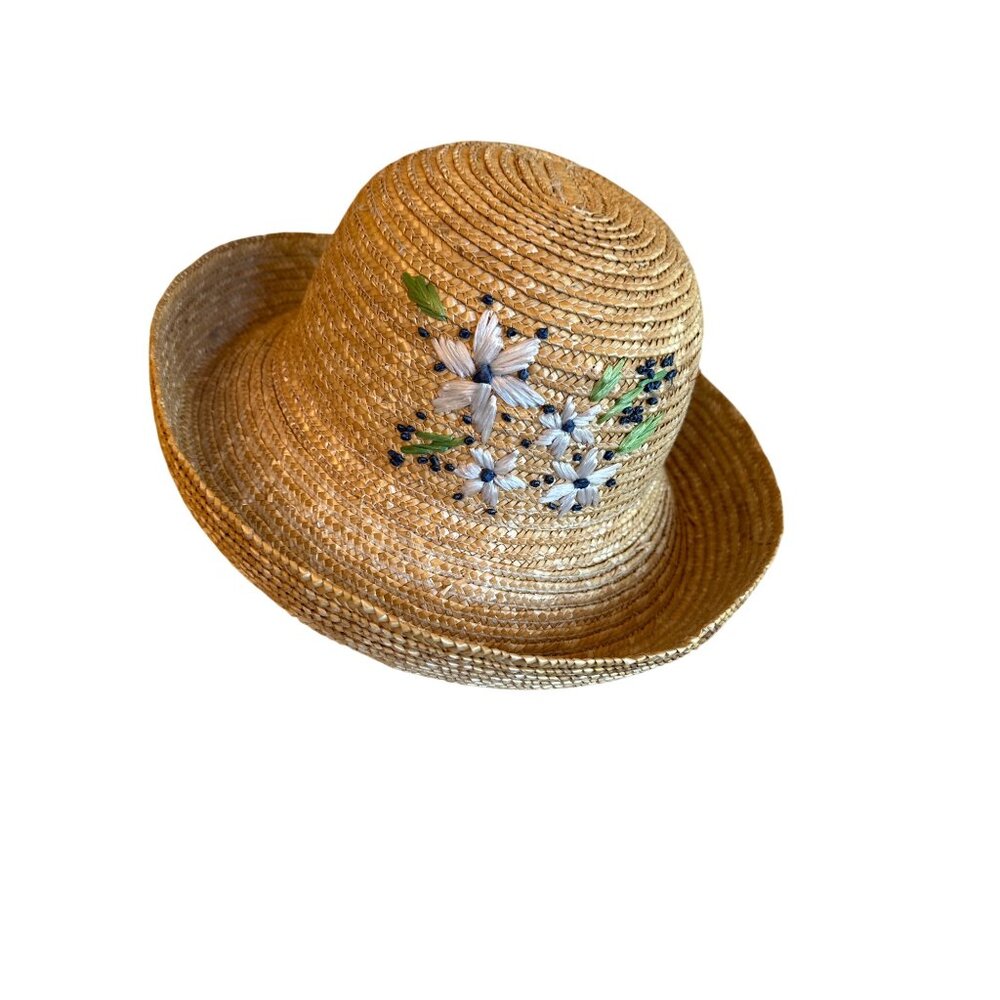 Womens Woven Straw Sun Hat Floral Embroidery Summer Boho